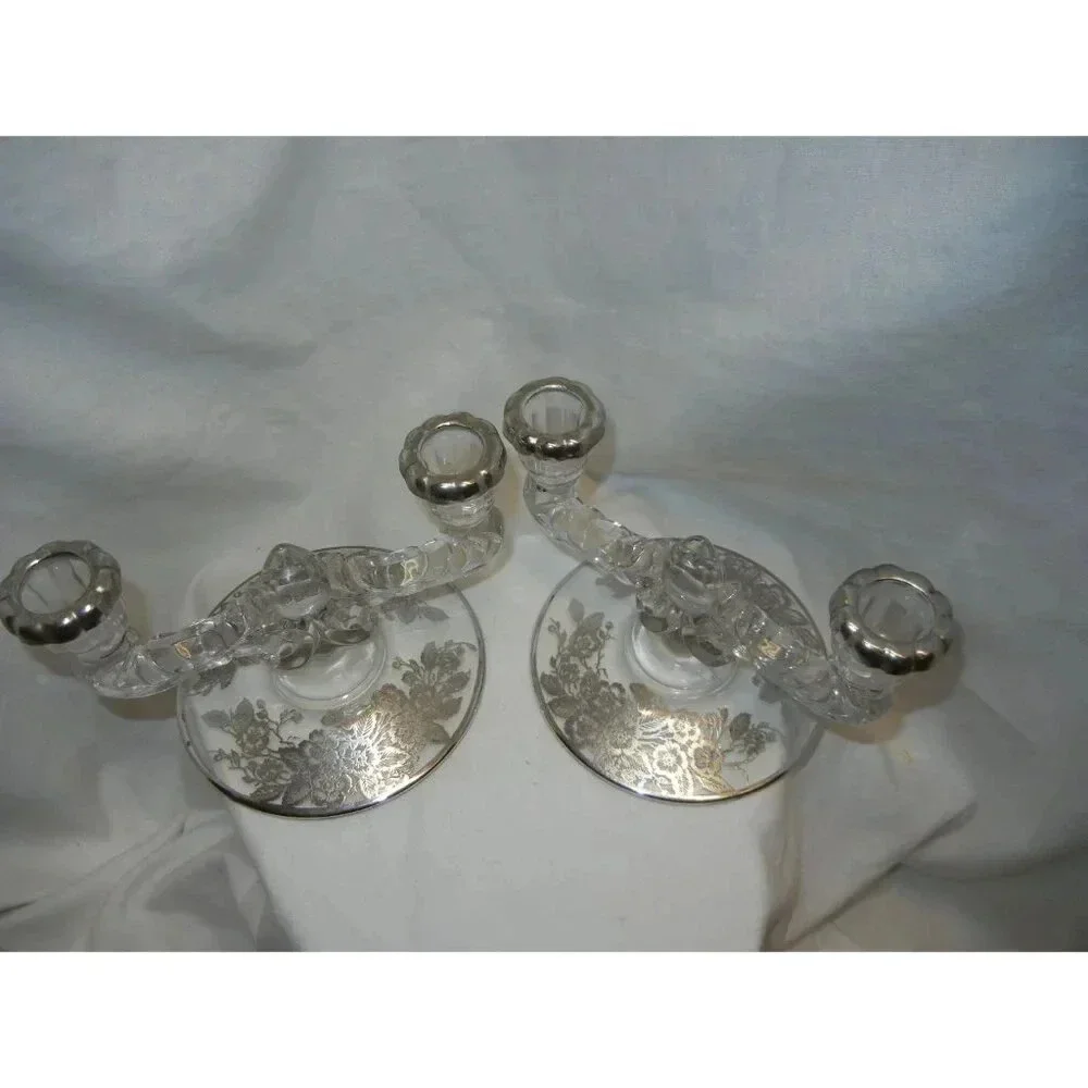 Crystal Candlestick Holder silver City Mid Century, Sterling Silver overlay